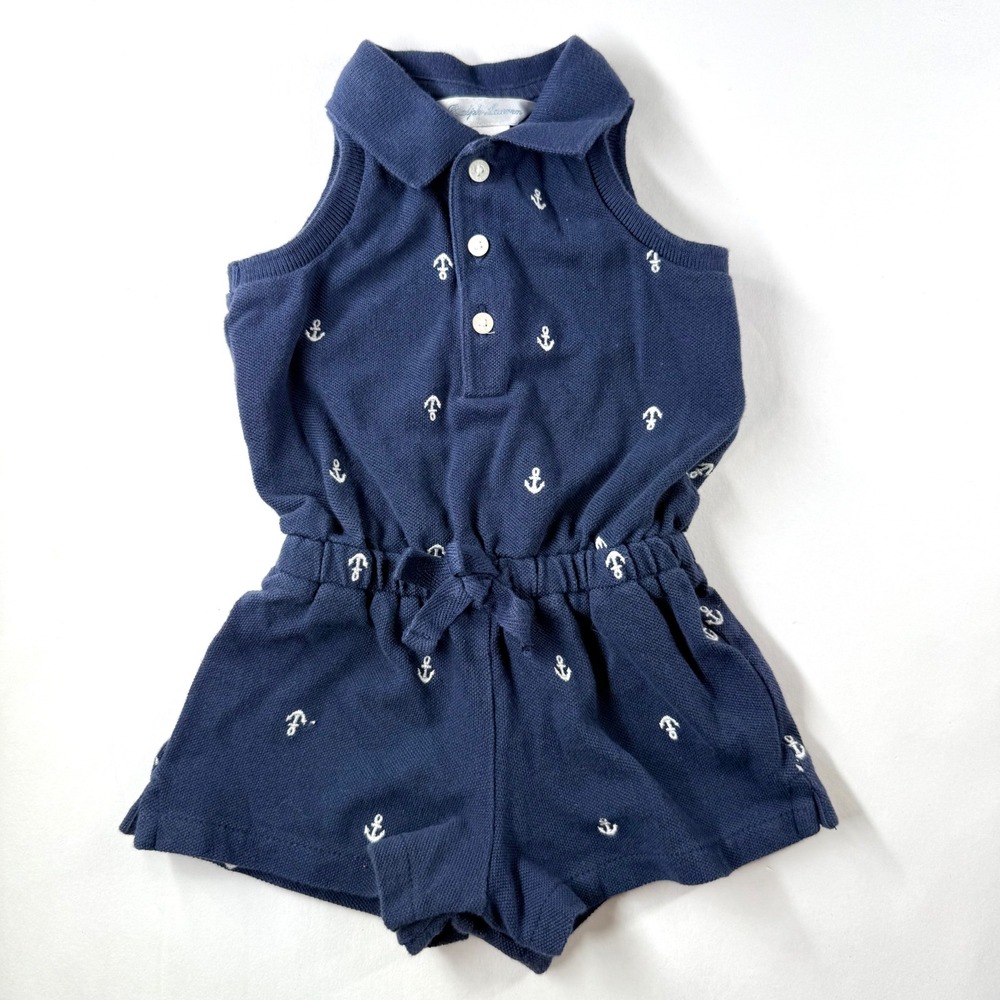 Ralph Lauren Baby Girls Navy Anchor Polo Collared Romper 3M